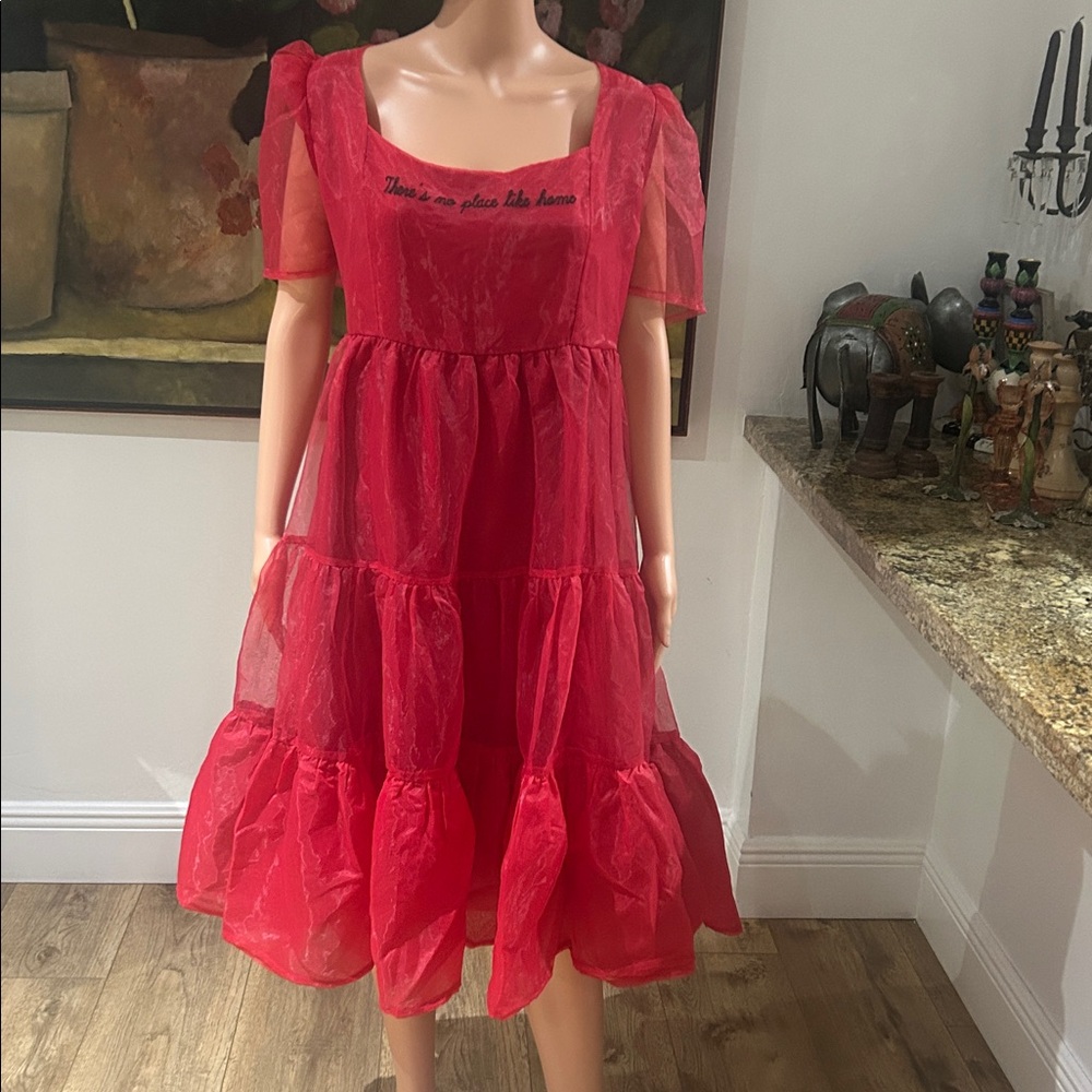 Dolls Kill Red Tiered Puff Sleeve Midi Dress (Wizard of Oz)